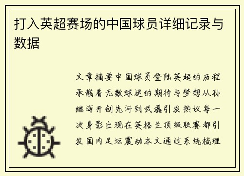 打入英超赛场的中国球员详细记录与数据